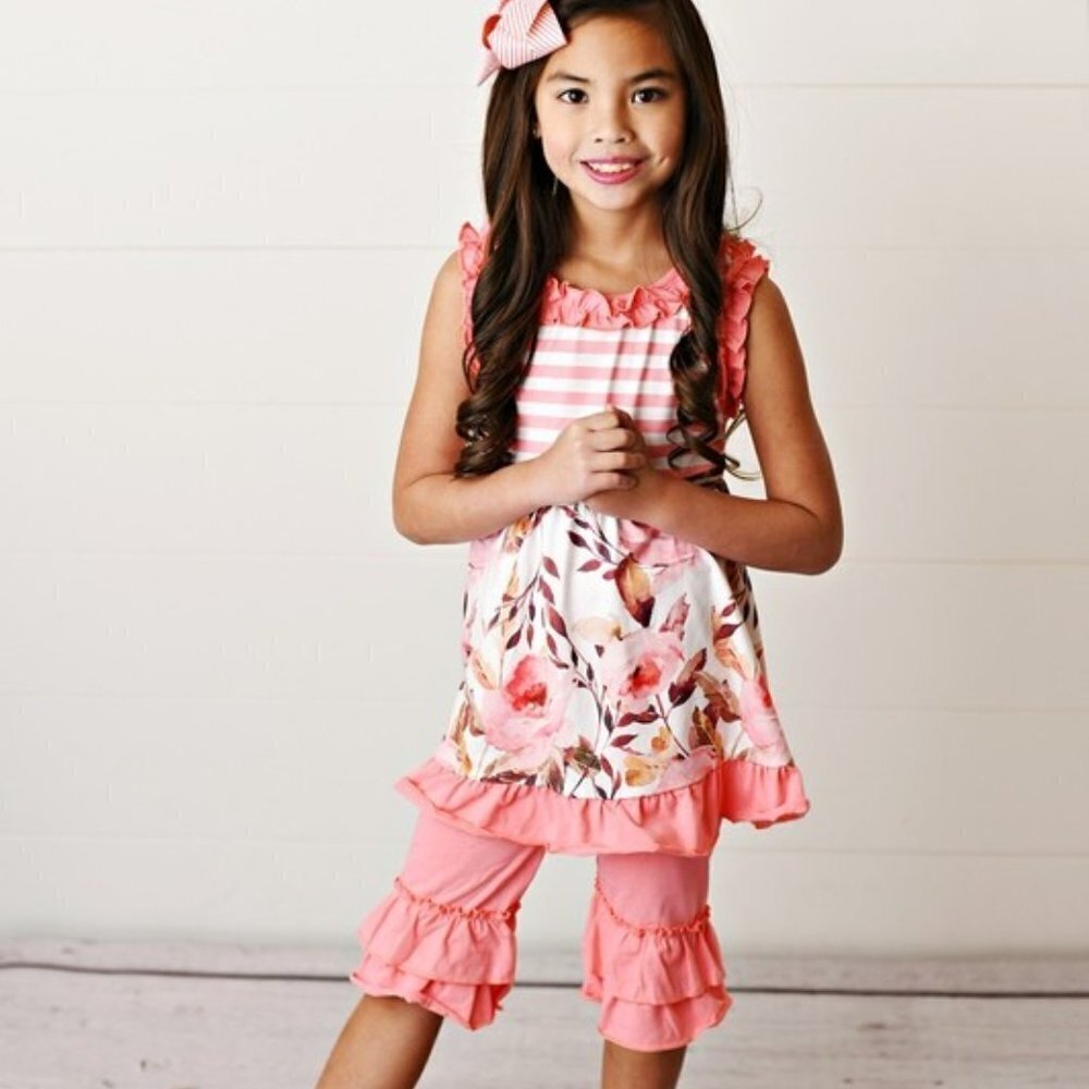 Set Includes Rose Floral & Stripe Print Top With Ruffle Detail